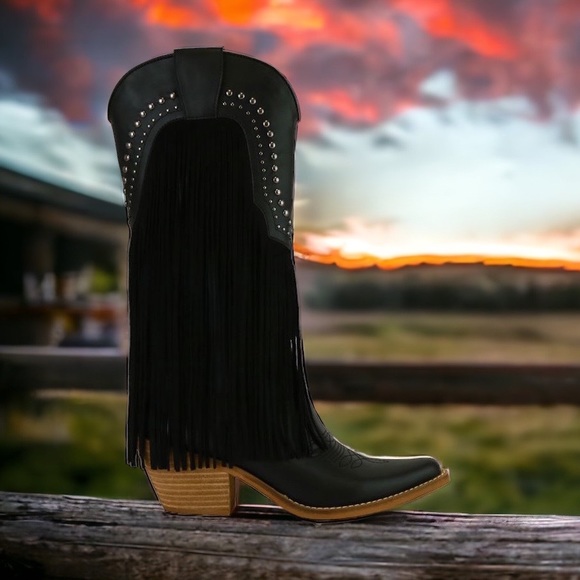 Beast Fashion Black Fringe Antique Stud Embellishment Tall Western Cowboy Boot - Picture 3 of 7